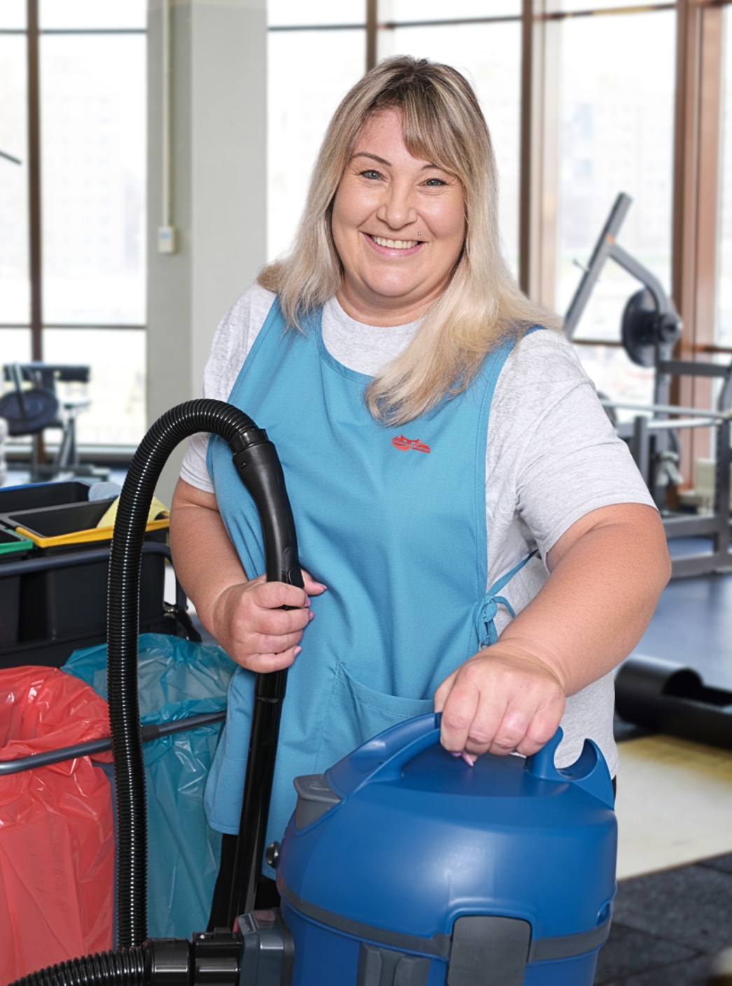 Reinigungskraft von Schmutzbanditen bei der Fitnessstudioreinigung in Krefeld mit Staubsauger