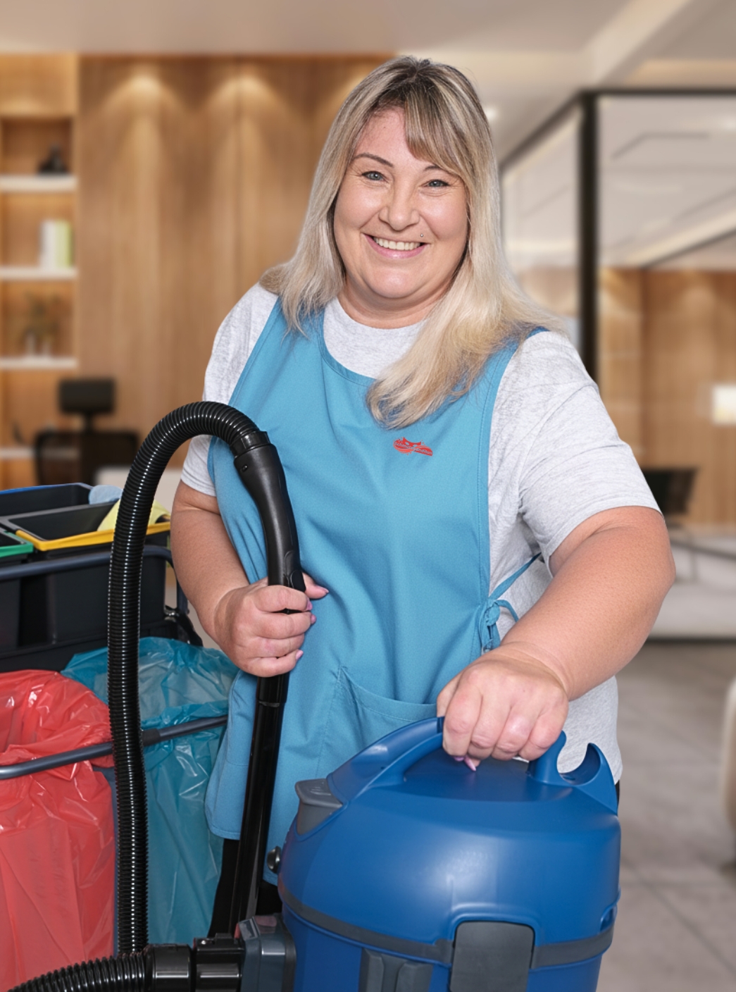 Reinigungskraft von Schmutzbanditen bei der Kanzleireinigung in Krefeld mit Staubsauger