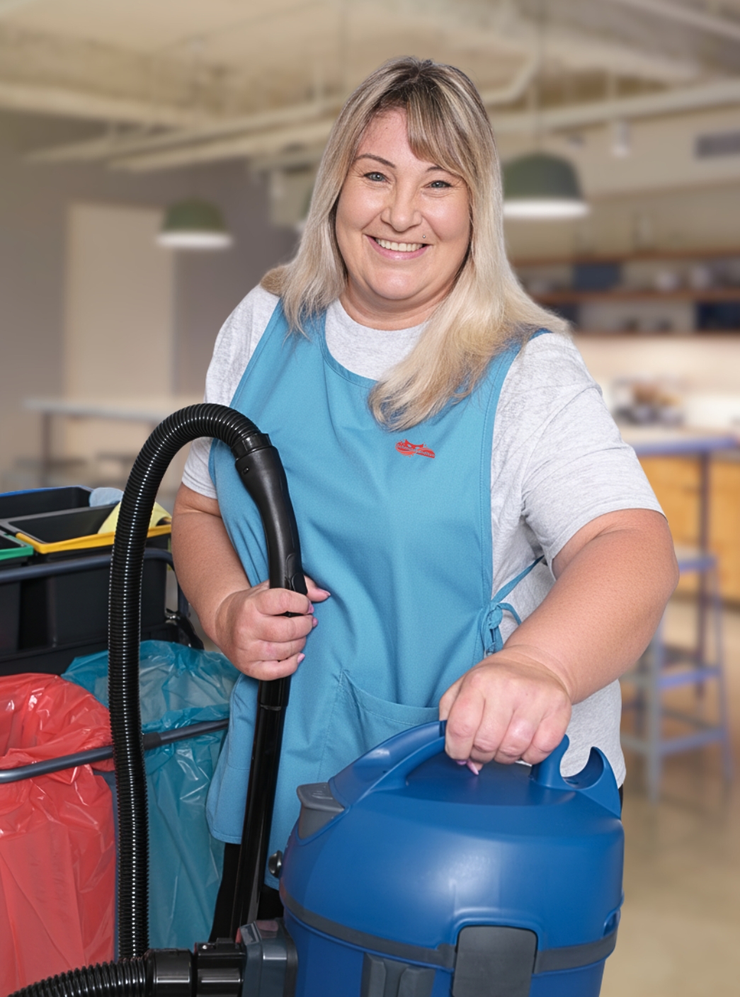 Reinigungskraft von Schmutzbanditen bei der Unterhaltsreinigung in Krefeld mit Staubsauger